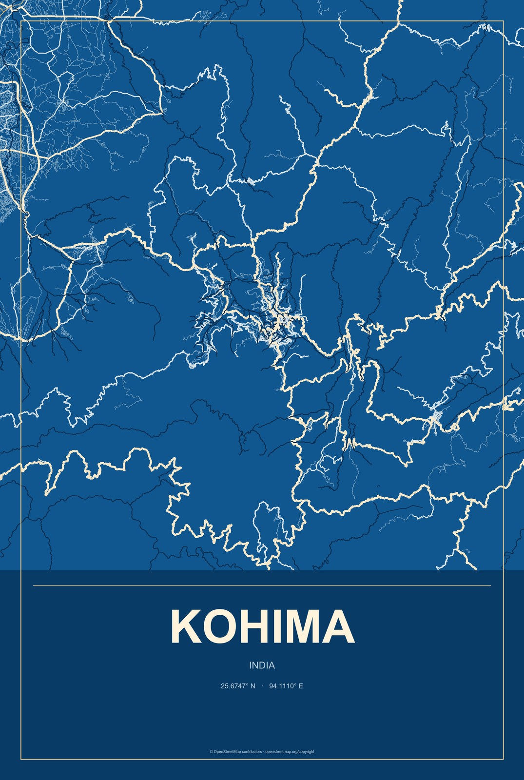 Kohima, India City Map Aluminum Sign in Harbor Cobalt style