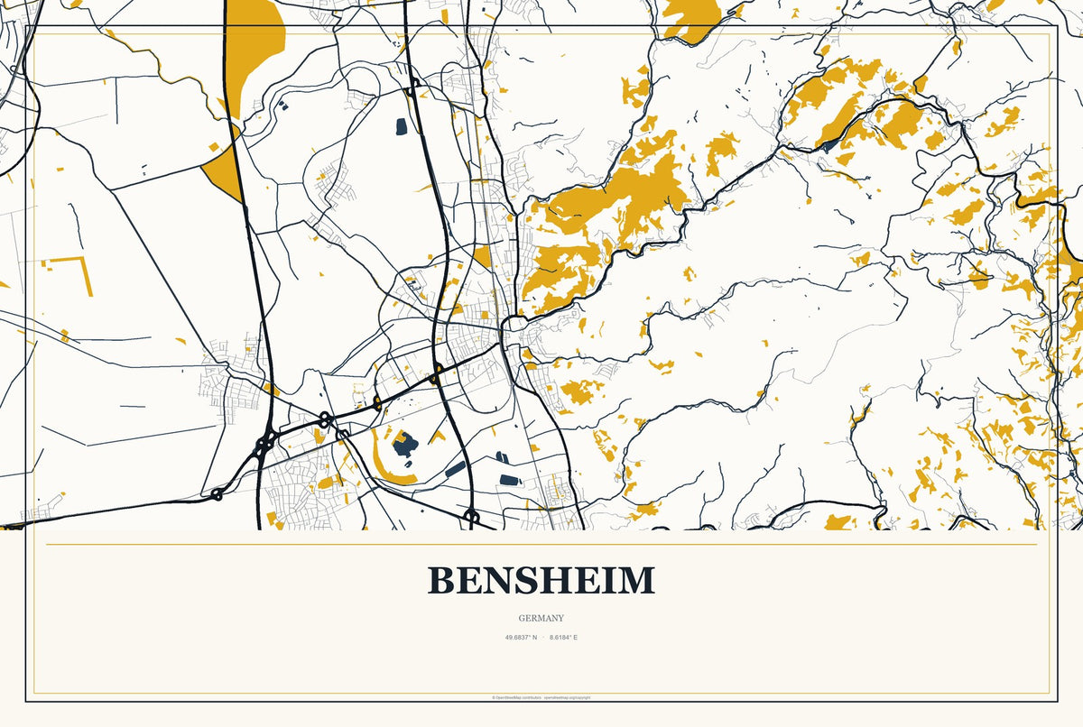 Bensheim, Germany City Map Aluminum Sign in Citrine Modern style
