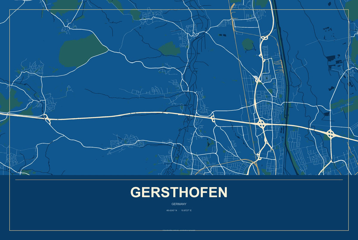 Gersthofen, Germany City Map Aluminum Sign in Harbor Cobalt style