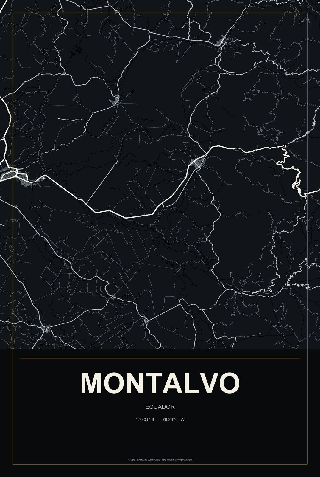 Montalvo, Ecuador City Map Aluminum Sign in Metropolitan Noir style