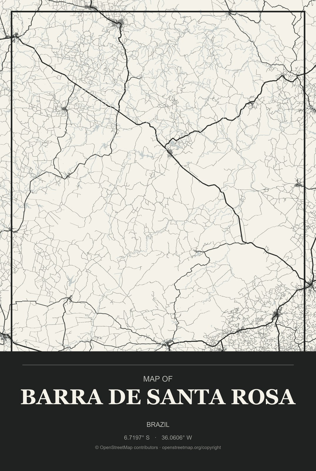 Barra de Santa Rosa, Brazil City Map Aluminum Sign in Museum Plaque style