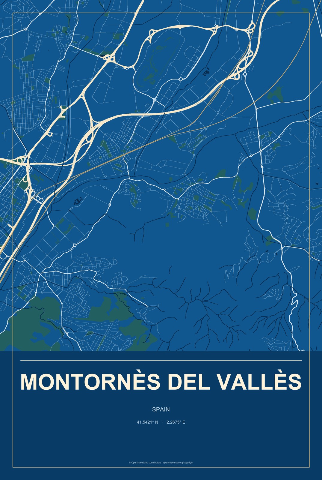 Montornès del Vallès, Spain City Map Aluminum Sign in Harbor Cobalt style