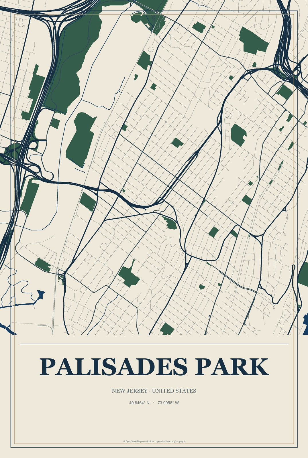 Palisades Park, New Jersey City Map Aluminum Sign in Coastal Cutout style