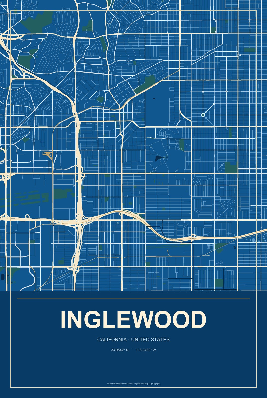 Inglewood, California City Map Aluminum Sign in Harbor Cobalt style