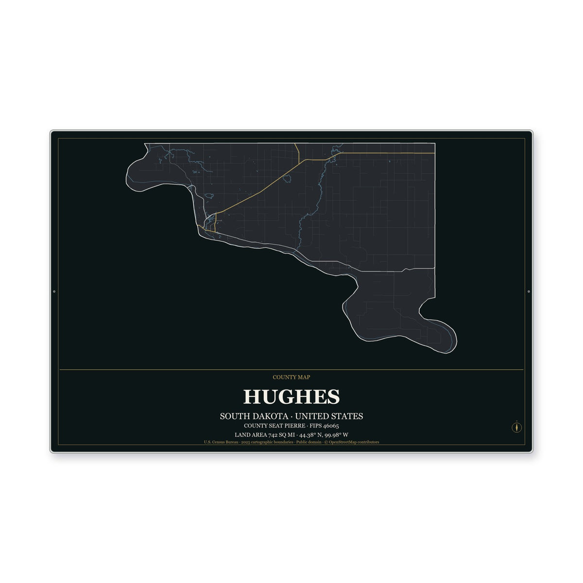 Hughes County, South Dakota Map Aluminum Sign in Metropolitan Noir style