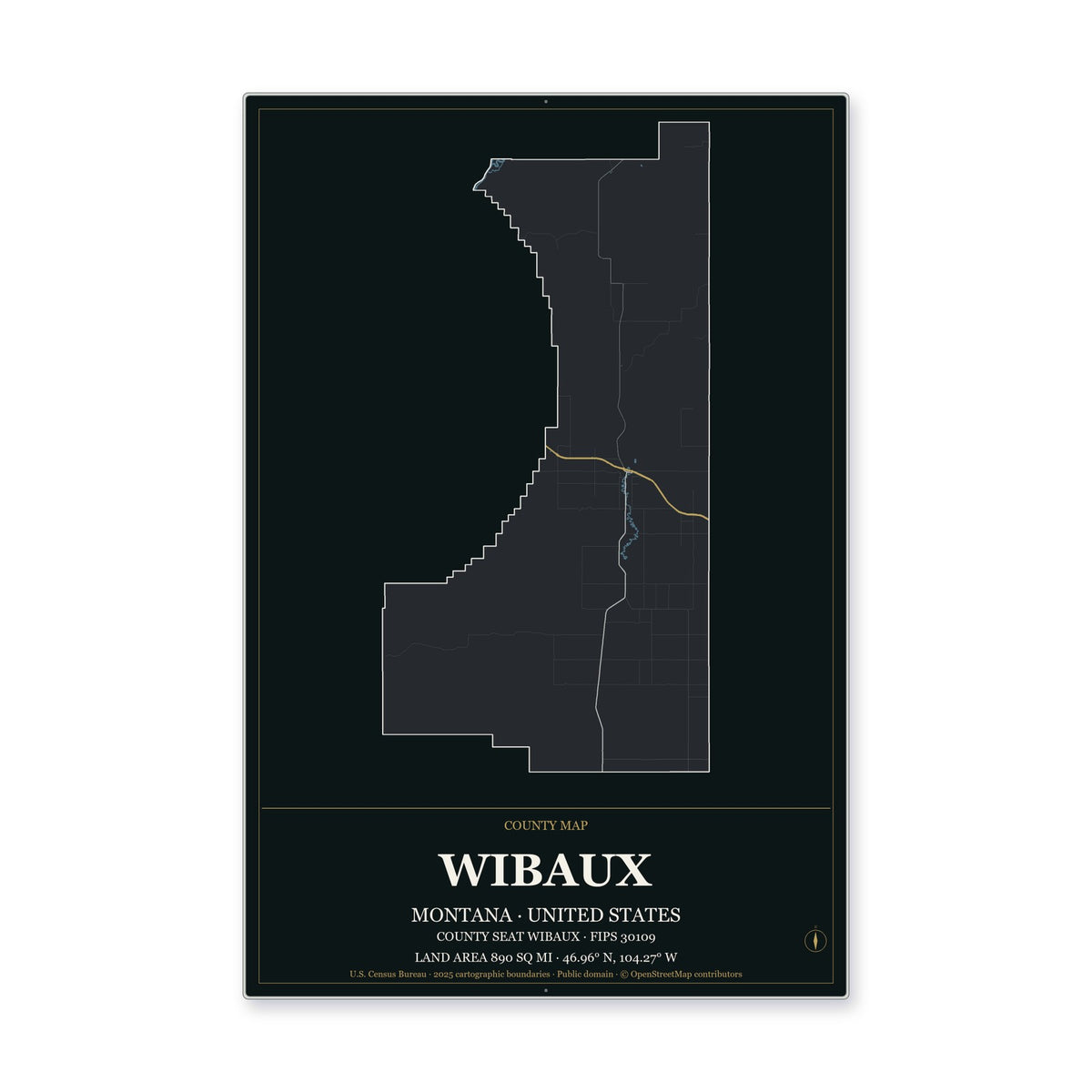 Wibaux County, Montana Map Aluminum Sign in Metropolitan Noir style