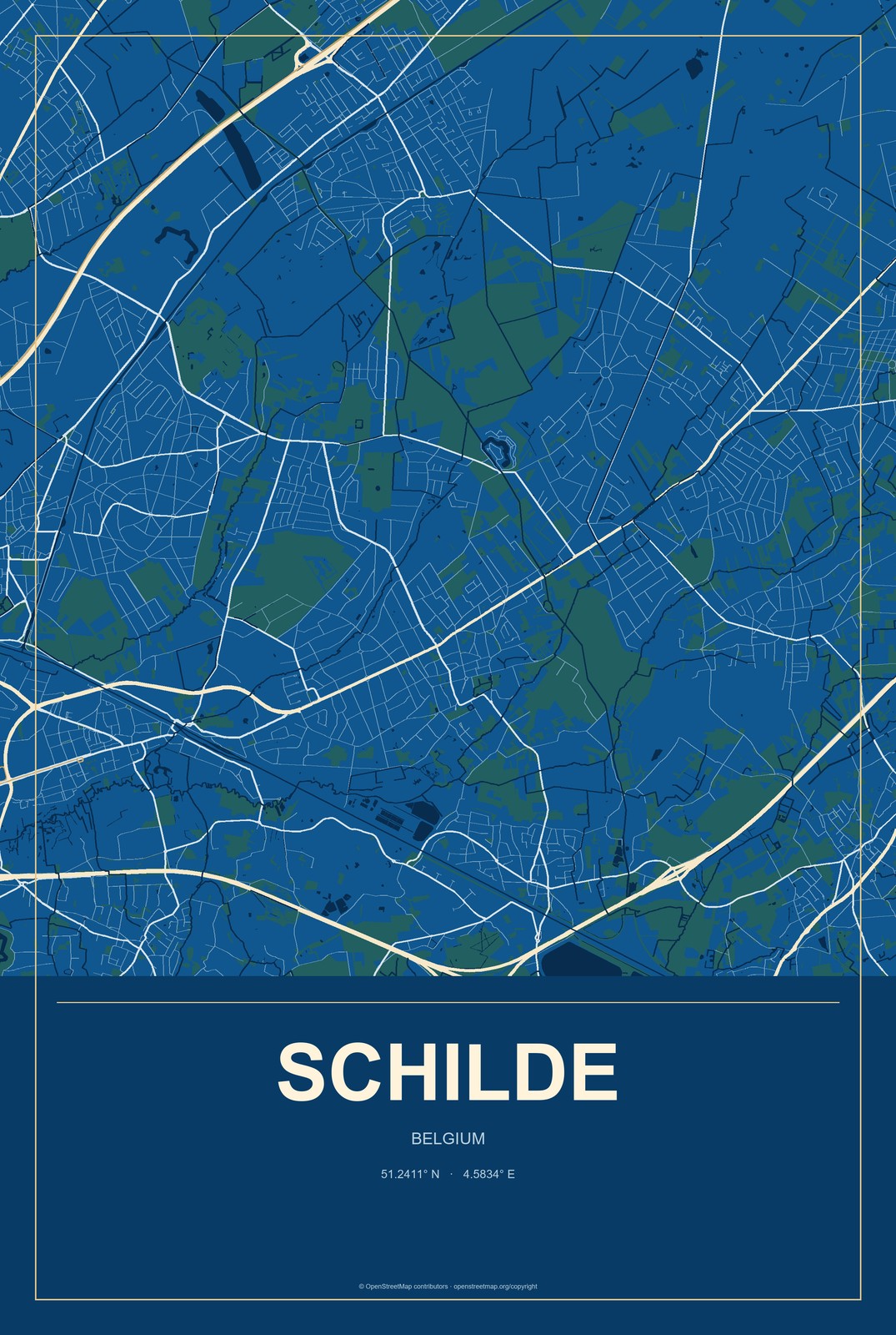 Schilde, Belgium City Map Aluminum Sign in Harbor Cobalt style