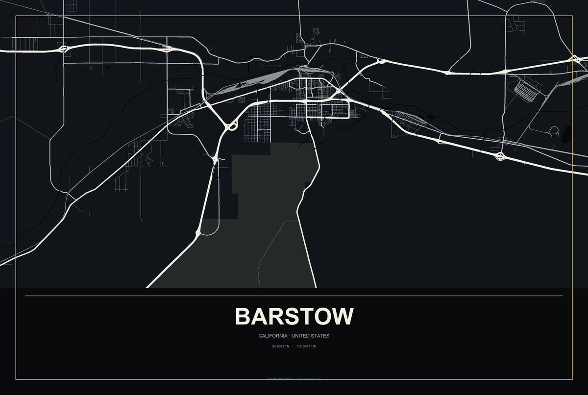 Barstow, California City Map Aluminum Sign in Metropolitan Noir style