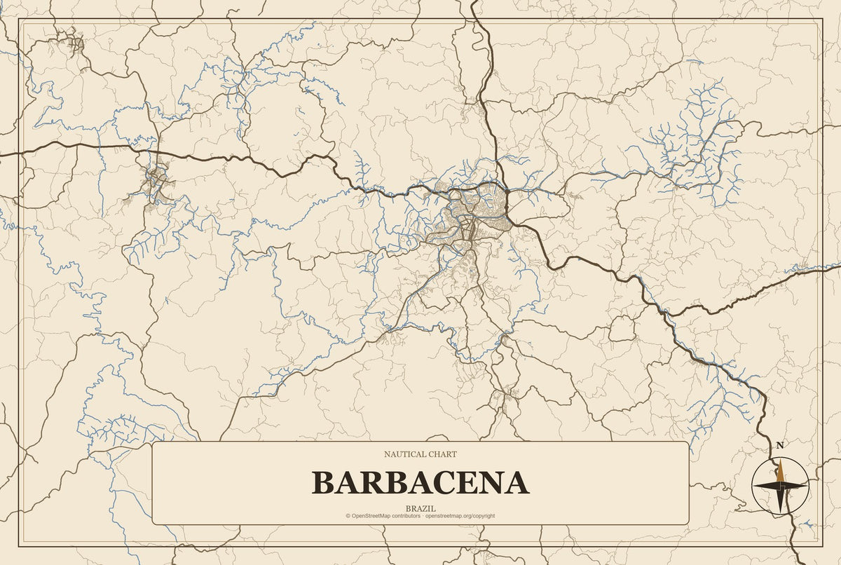 Barbacena, Brazil City Map Aluminum Sign in Heritage Nautical style