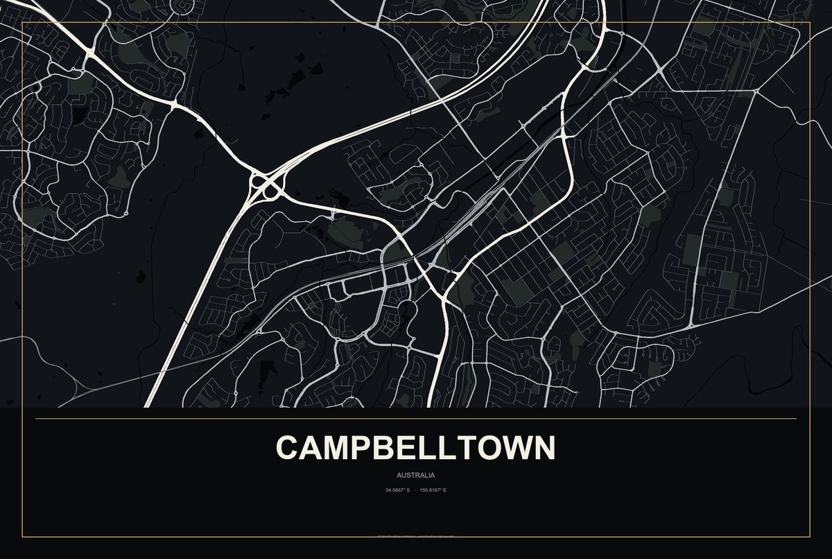 Campbelltown, Australia City Map Aluminum Sign in Metropolitan Noir style