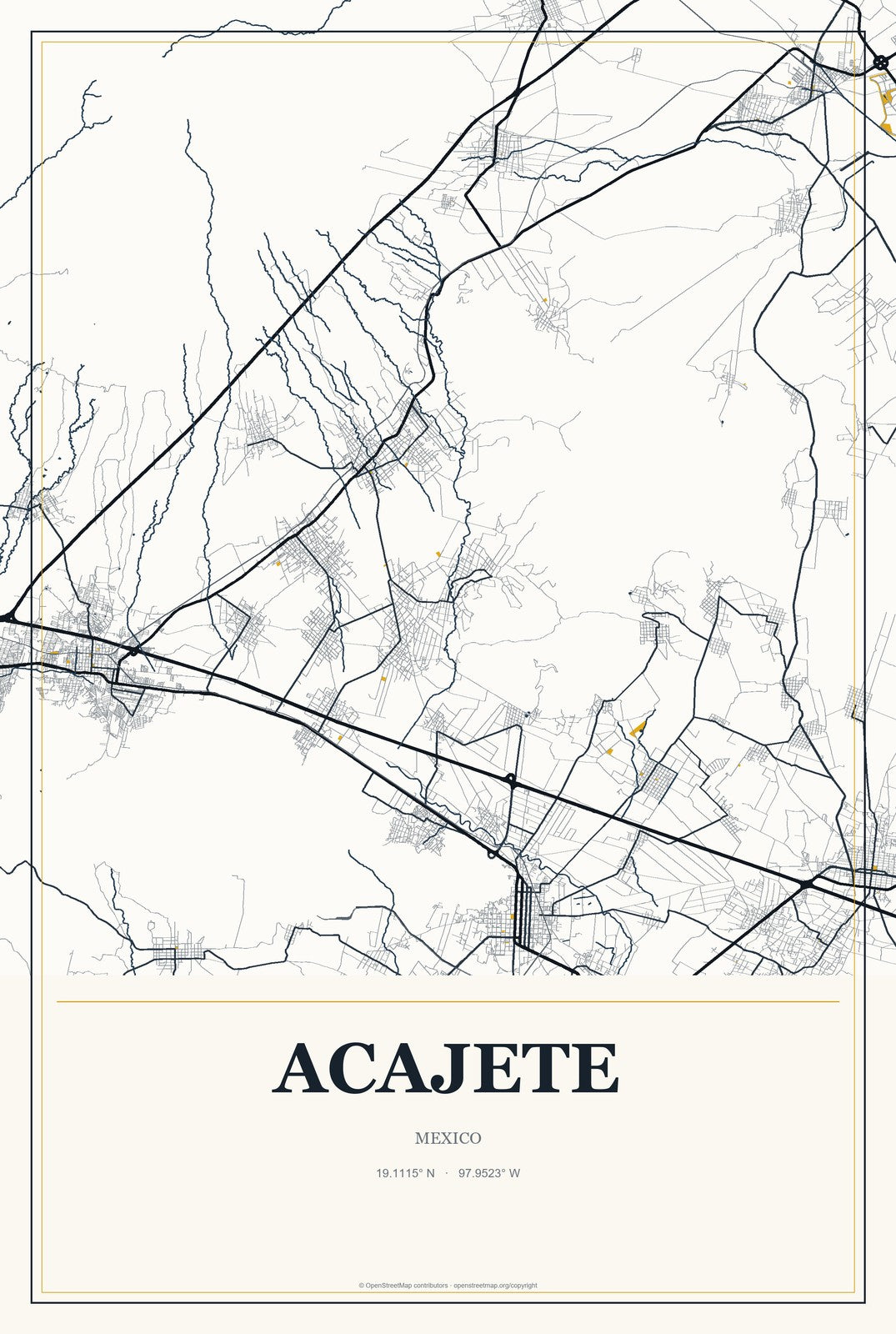 Acajete, Mexico City Map Aluminum Sign in Citrine Modern style
