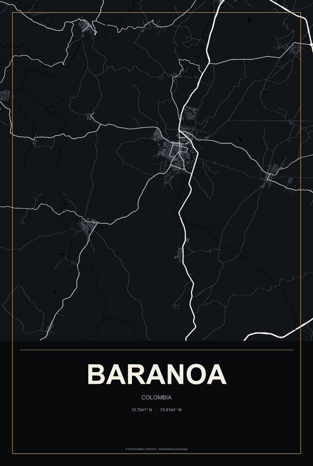 Baranoa, Colombia City Map Aluminum Sign in Metropolitan Noir style