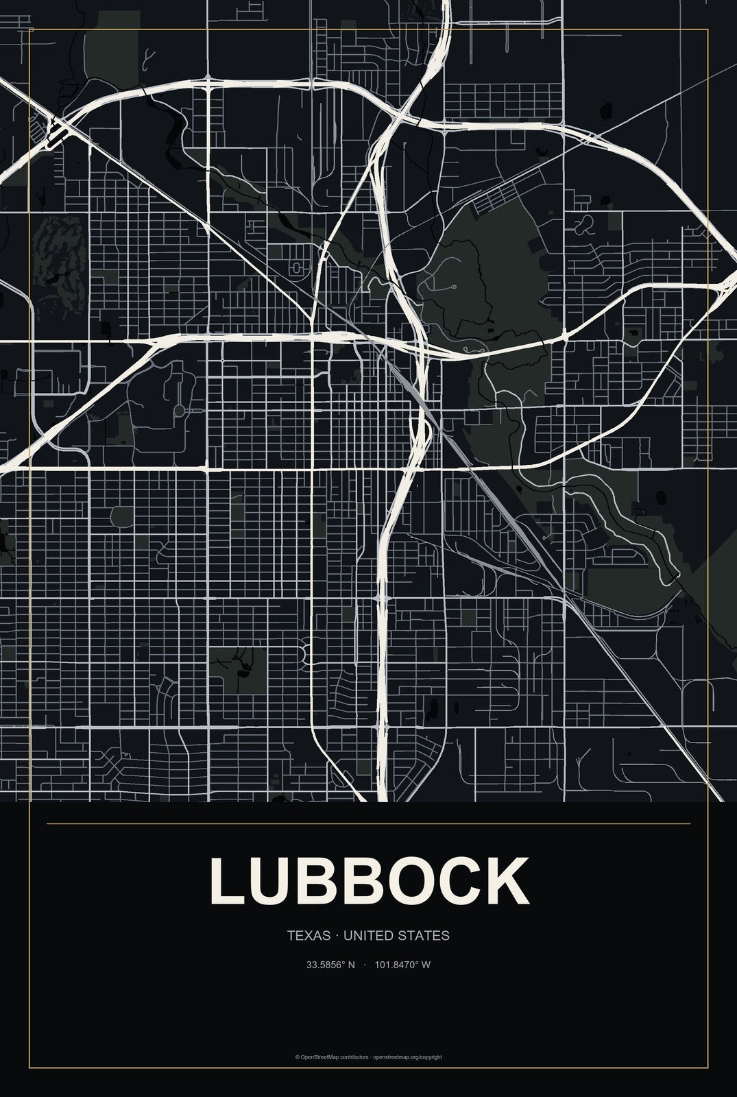 Lubbock, Texas City Map Aluminum Sign in Metropolitan Noir style