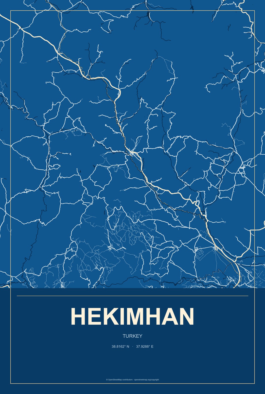 Hekimhan, Turkey City Map Aluminum Sign in Harbor Cobalt style