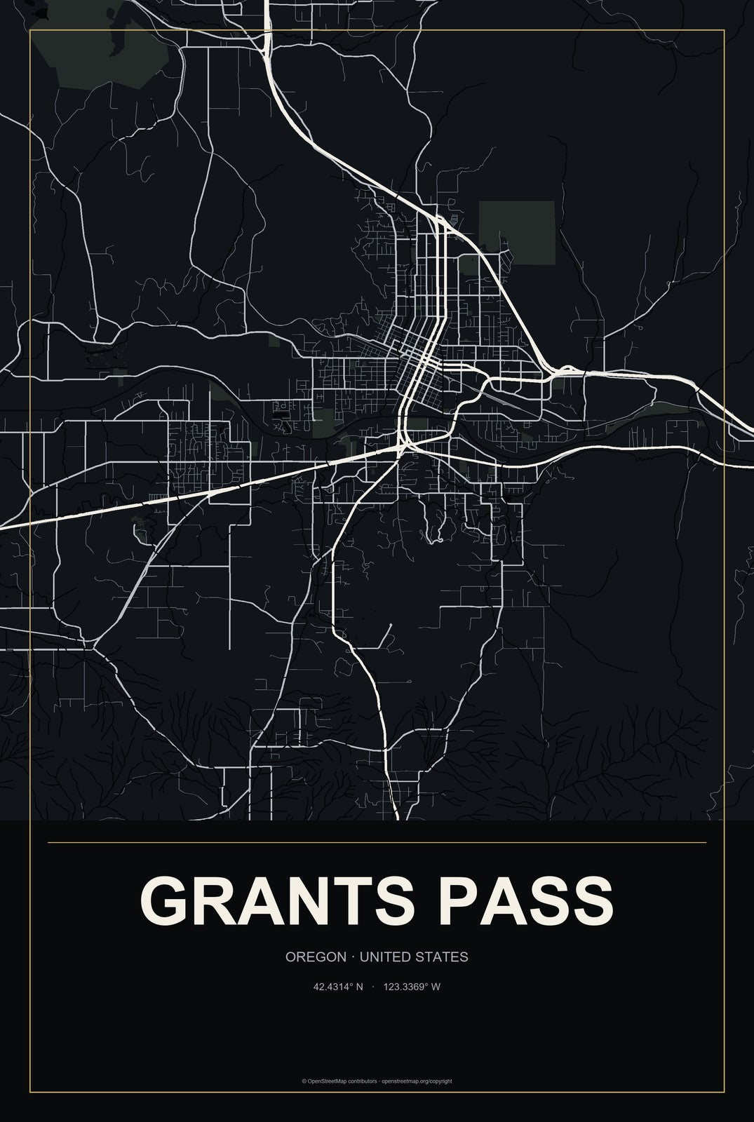 Grants Pass, Oregon City Map Aluminum Sign in Metropolitan Noir style