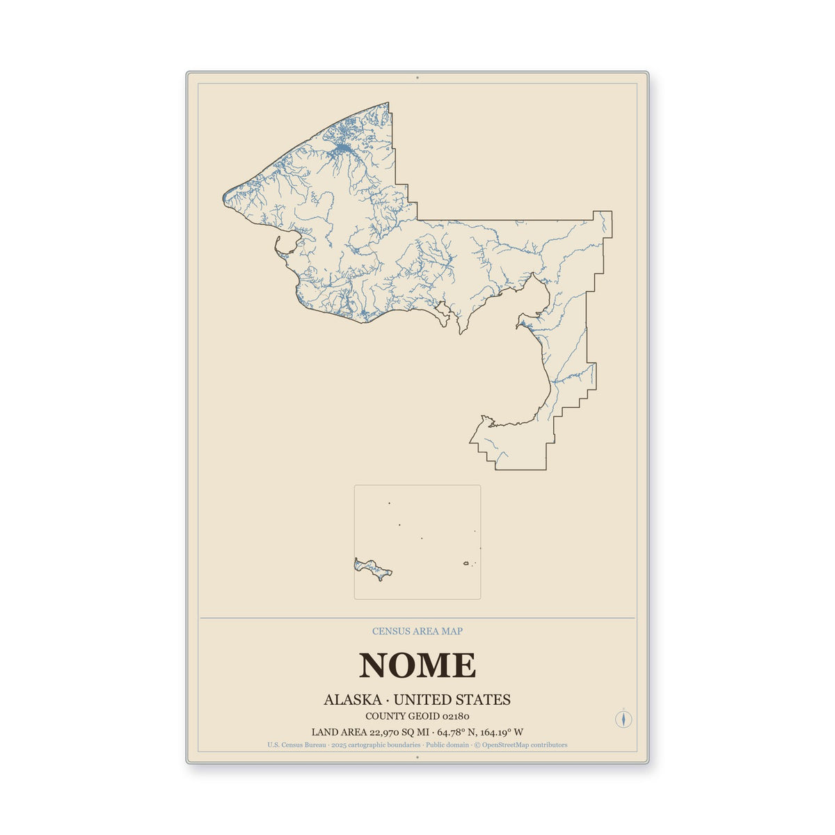 Nome Census Area, Alaska Map Aluminum Sign in Heritage Nautical style