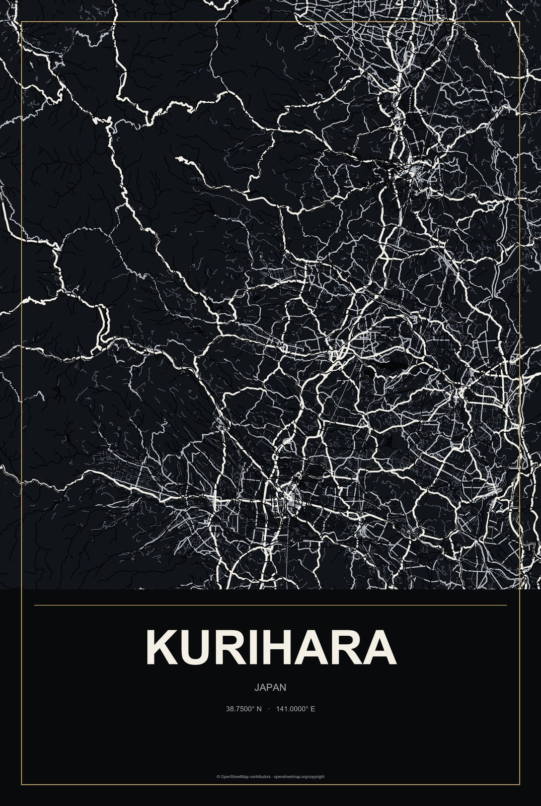 Kurihara, Japan City Map Aluminum Sign in Metropolitan Noir style