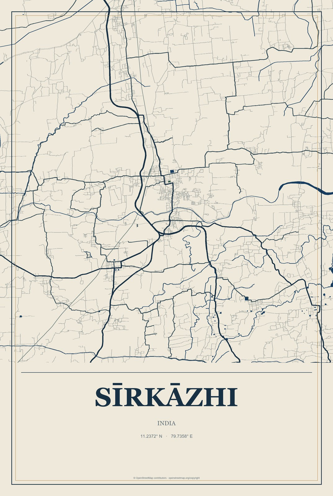 Sīrkāzhi, India City Map Aluminum Sign in Coastal Cutout style