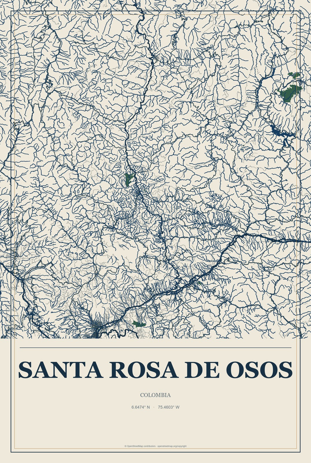 Santa Rosa de Osos, Colombia City Map Aluminum Sign in Coastal Cutout style
