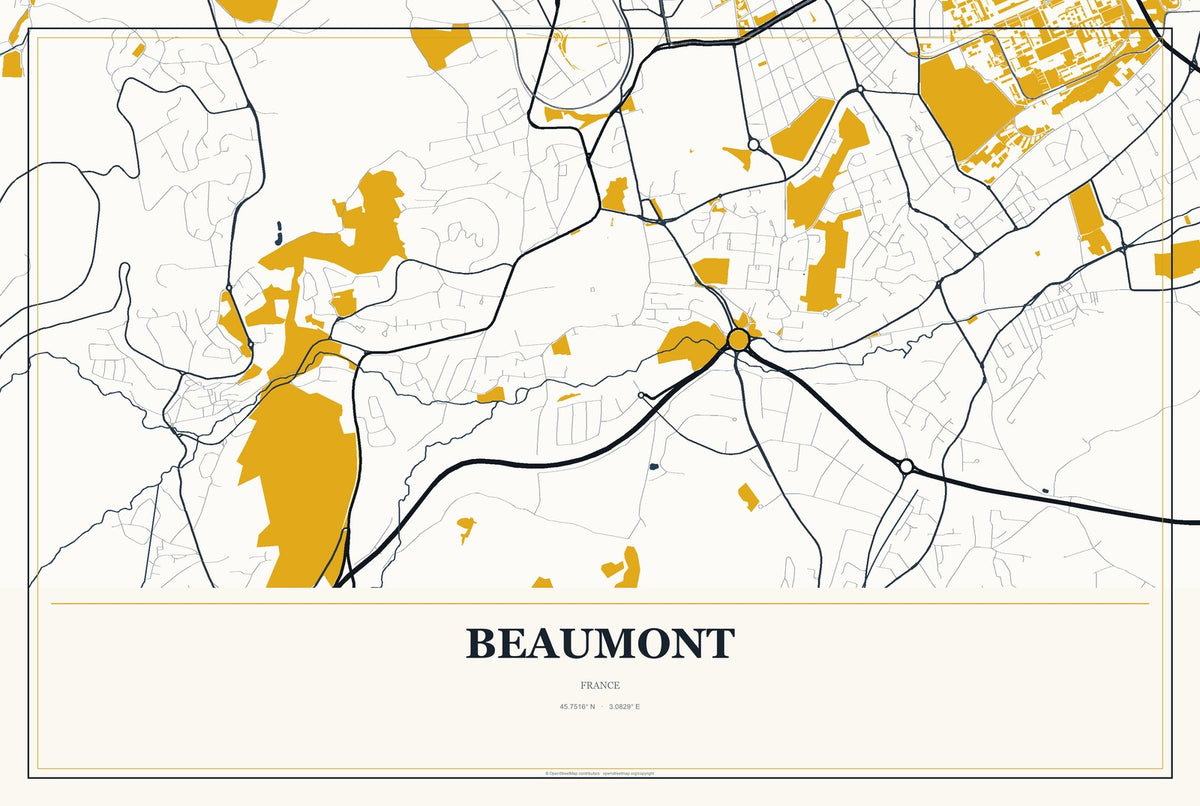 Beaumont, France City Map Aluminum Sign in Citrine Modern style