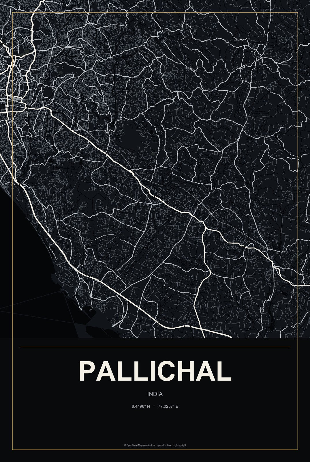 Pallichal, India City Map Aluminum Sign in Metropolitan Noir style
