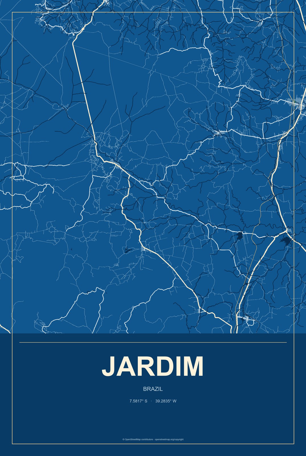 Jardim, Mato Grosso do Sul, Brazil City Map Aluminum Sign in Harbor Cobalt style