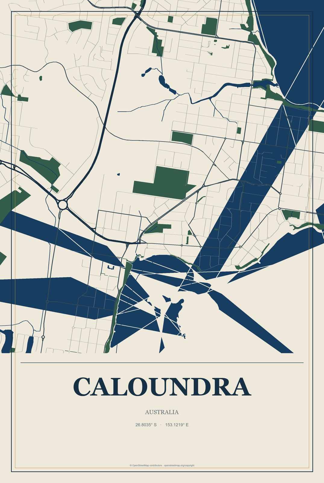 Caloundra, Australia City Map Aluminum Sign in Coastal Cutout style