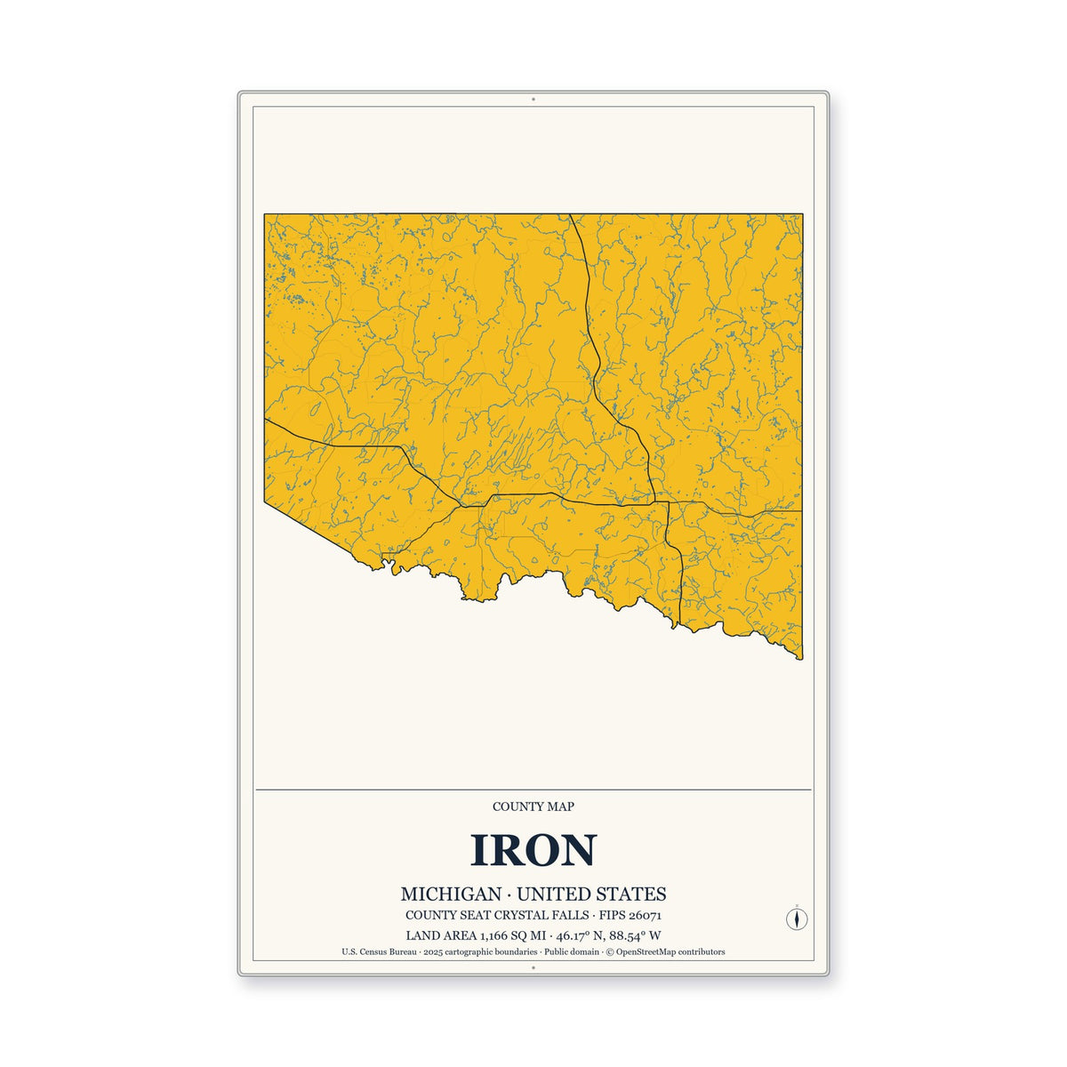 Iron County, Michigan Map Aluminum Sign in Citrine Modern style