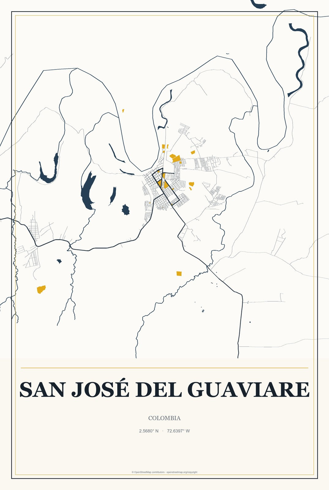 San José del Guaviare, Colombia City Map Aluminum Sign in Citrine Modern style