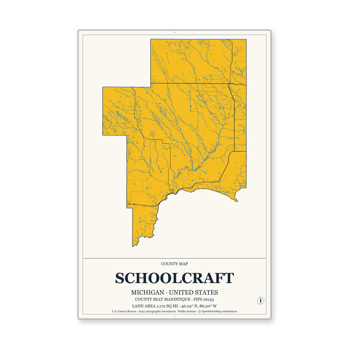 Schoolcraft County, Michigan Map Aluminum Sign in Citrine Modern style
