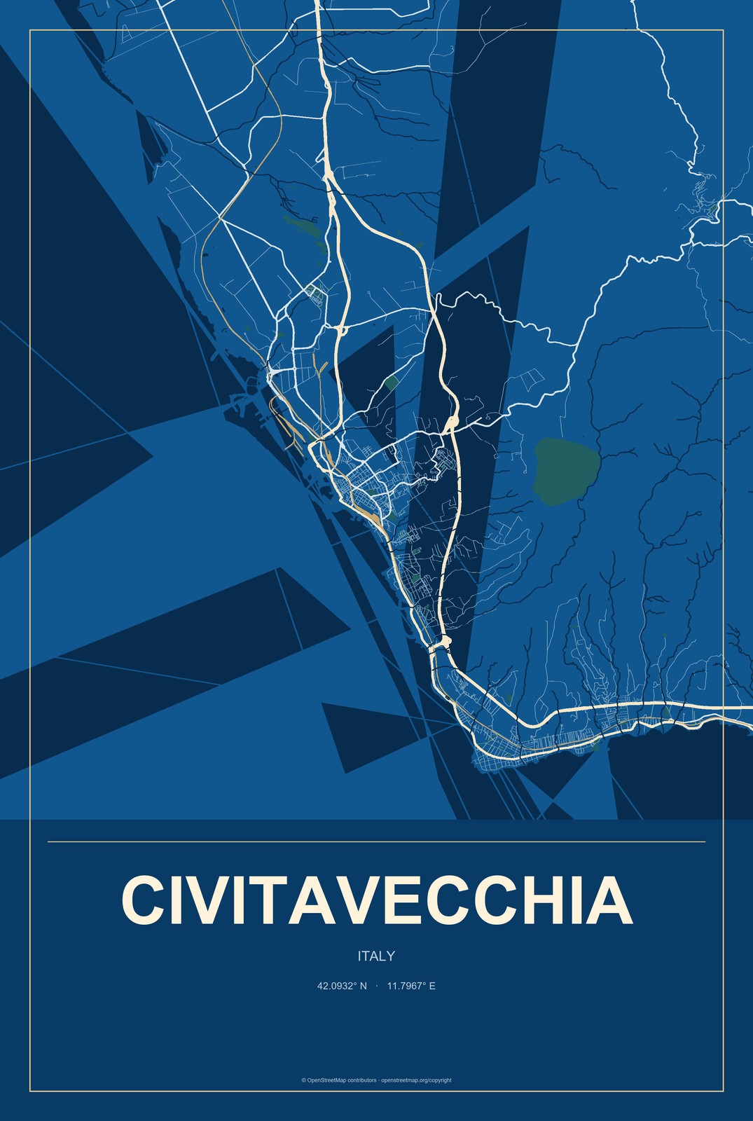 Civitavecchia, Italy City Map Aluminum Sign in Harbor Cobalt style