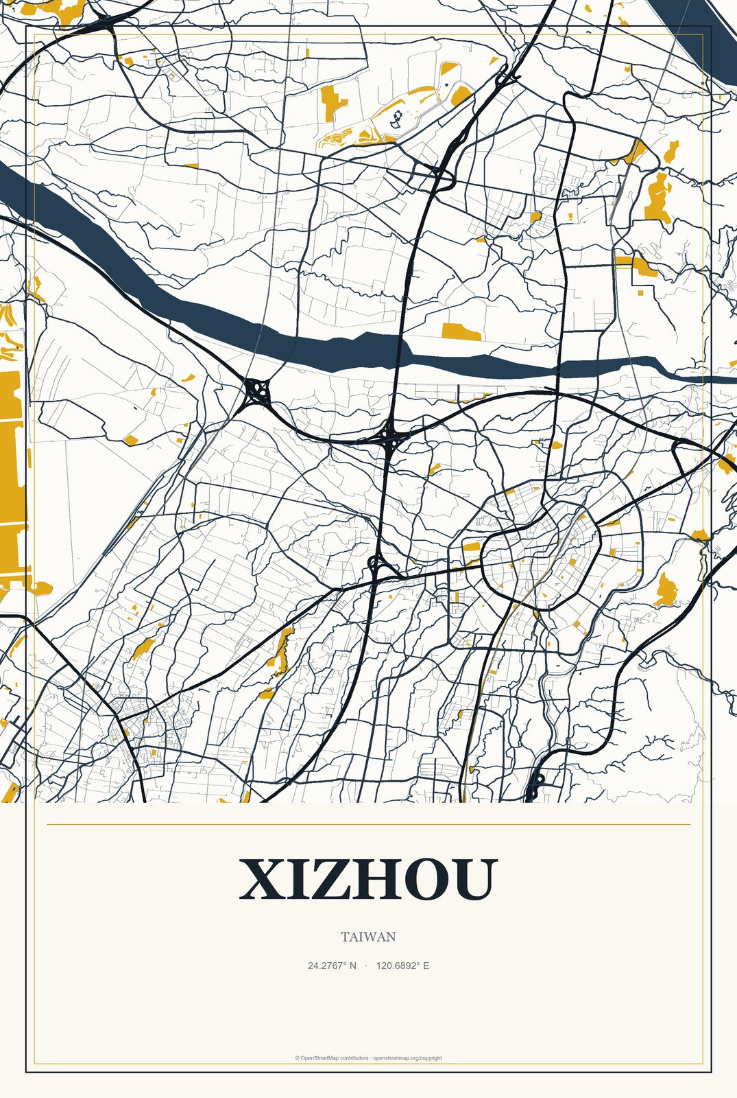 Xizhou, Taiwan City Map Aluminum Sign in Citrine Modern style