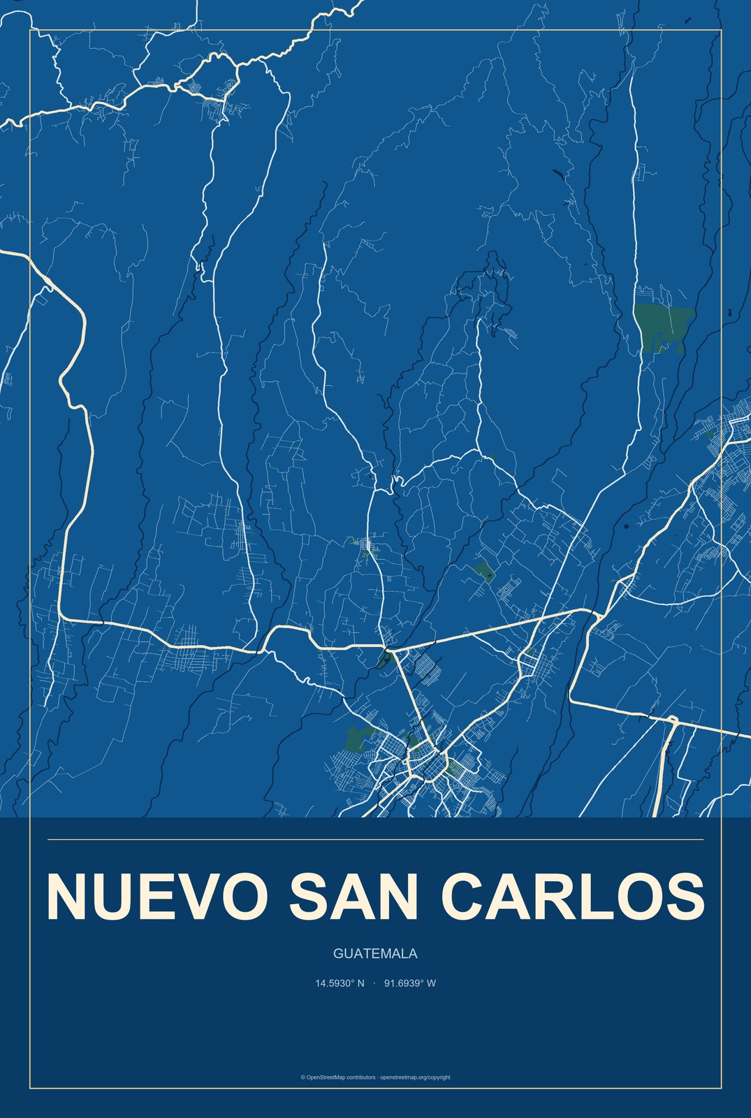 Nuevo San Carlos, Guatemala City Map Aluminum Sign in Harbor Cobalt style