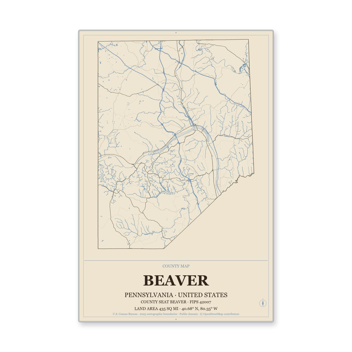 Beaver County, Pennsylvania Map Aluminum Sign in Heritage Nautical style