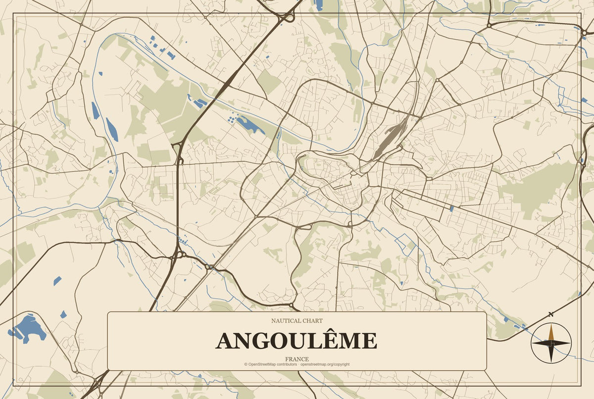 Angoulême, France City Map Aluminum Sign in Heritage Nautical style