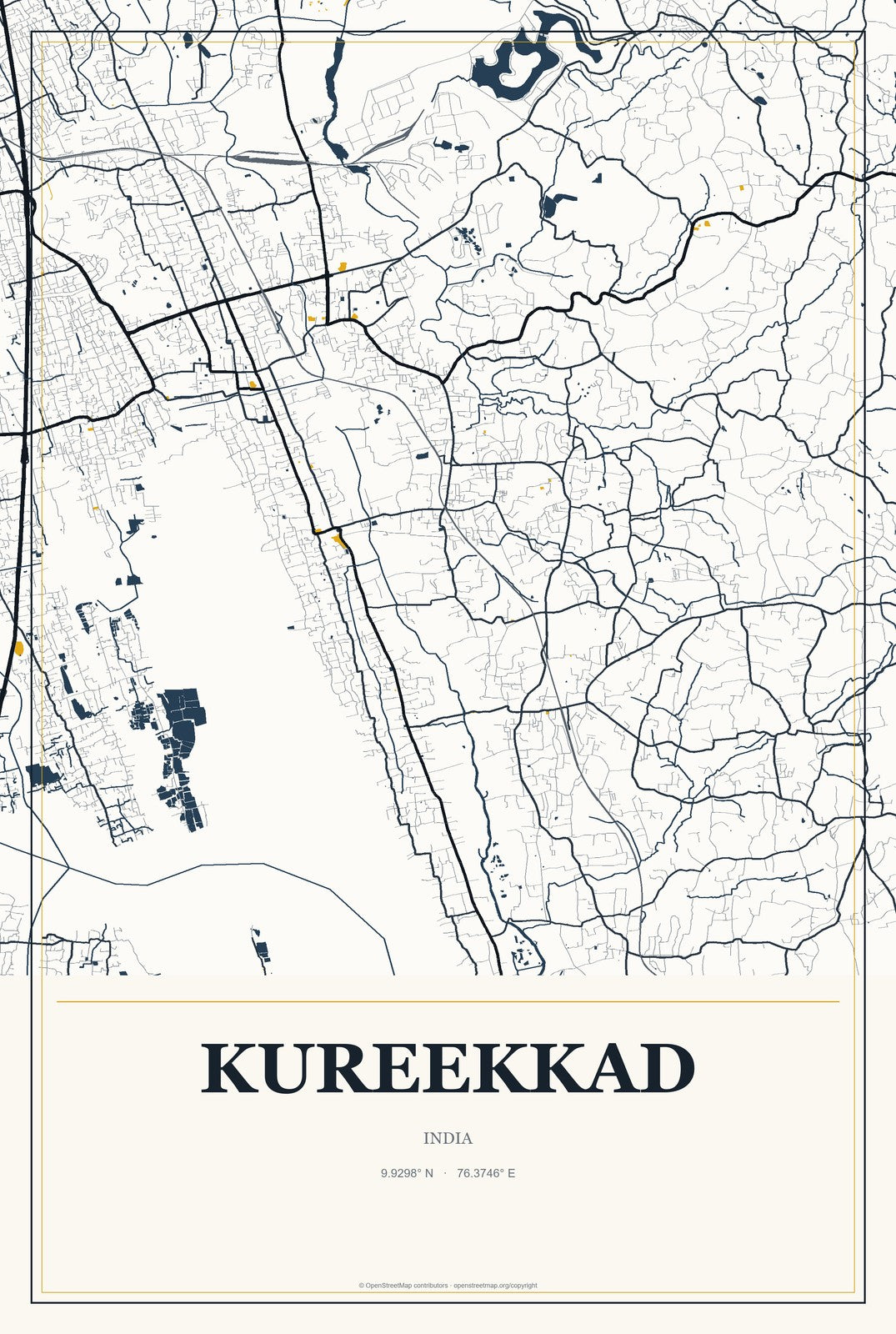 Kureekkad, India City Map Aluminum Sign in Citrine Modern style