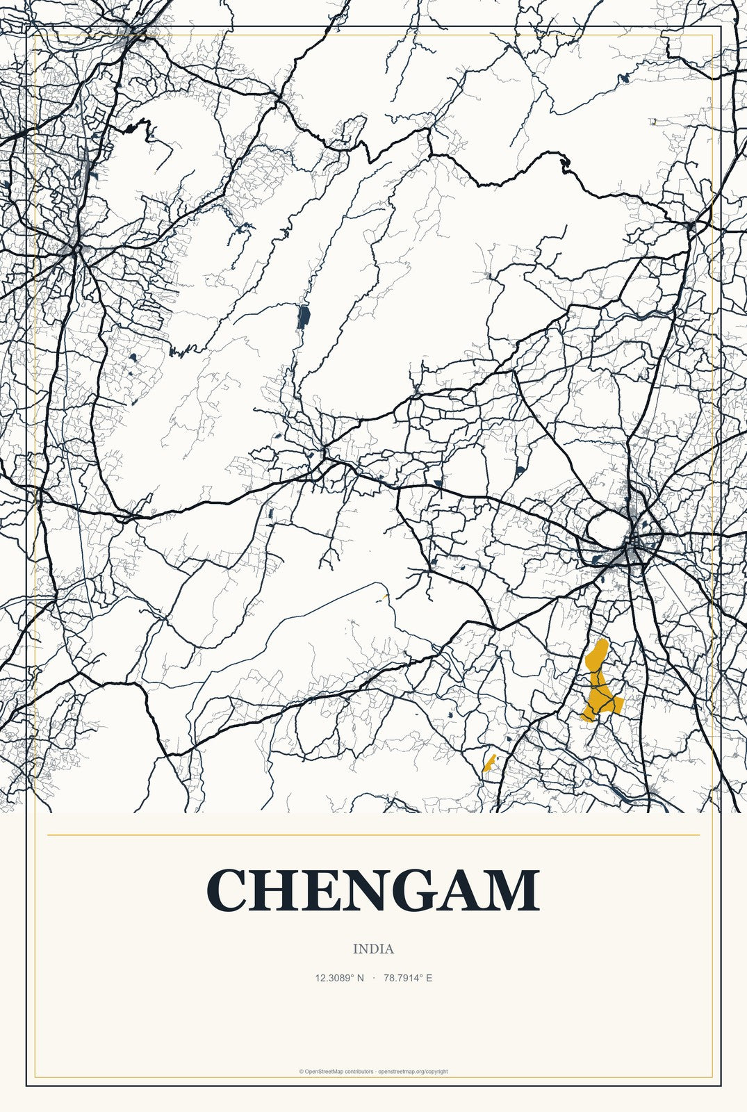 Chengam, India City Map Aluminum Sign in Citrine Modern style
