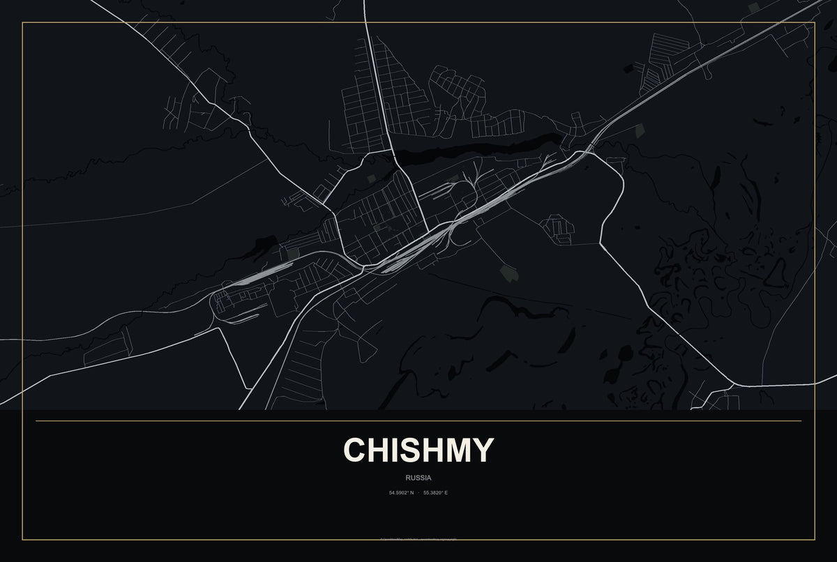 Chishmy, Russia City Map Aluminum Sign in Metropolitan Noir style