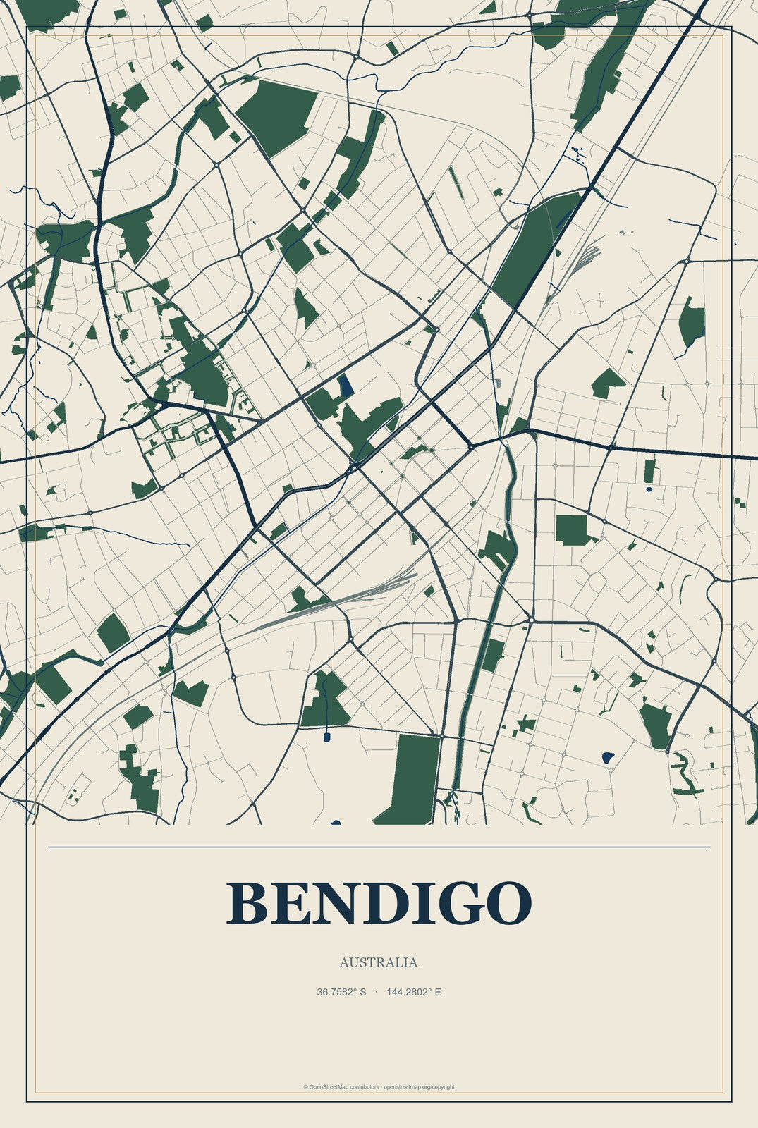 Bendigo, Australia City Map Aluminum Sign in Coastal Cutout style