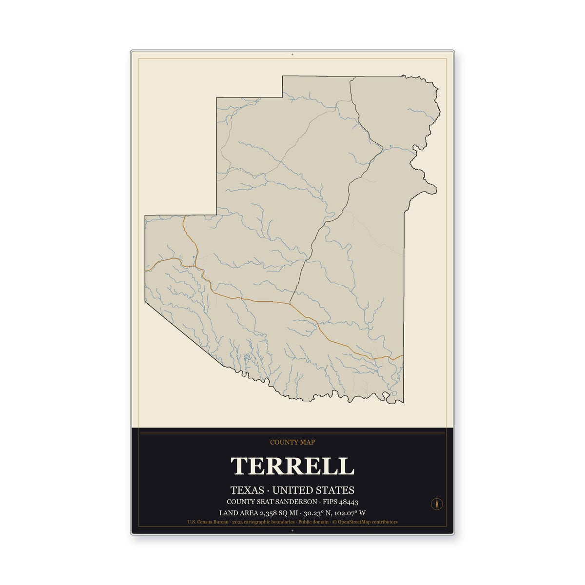 Terrell County, Texas Map Aluminum Sign in Museum Plaque style