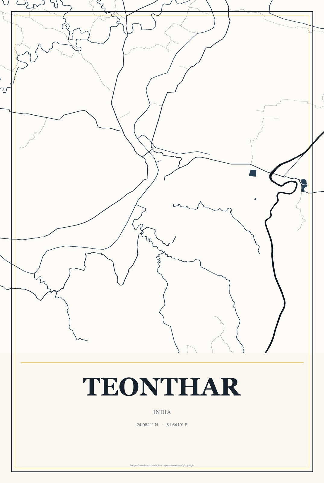 Teonthar, India City Map Aluminum Sign in Citrine Modern style