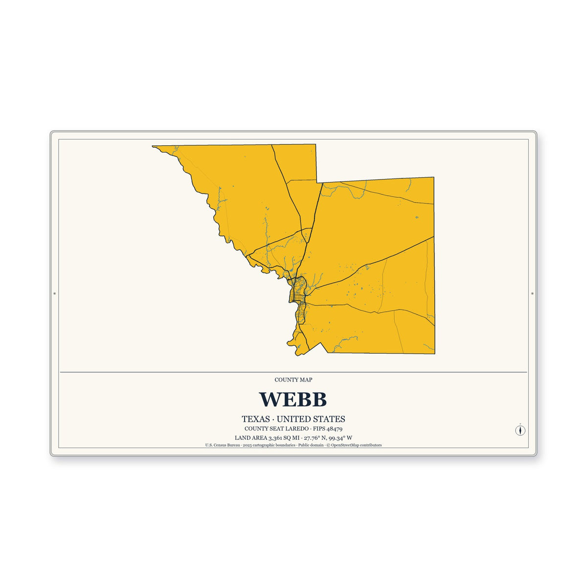 Webb County, Texas Map Aluminum Sign in Citrine Modern style