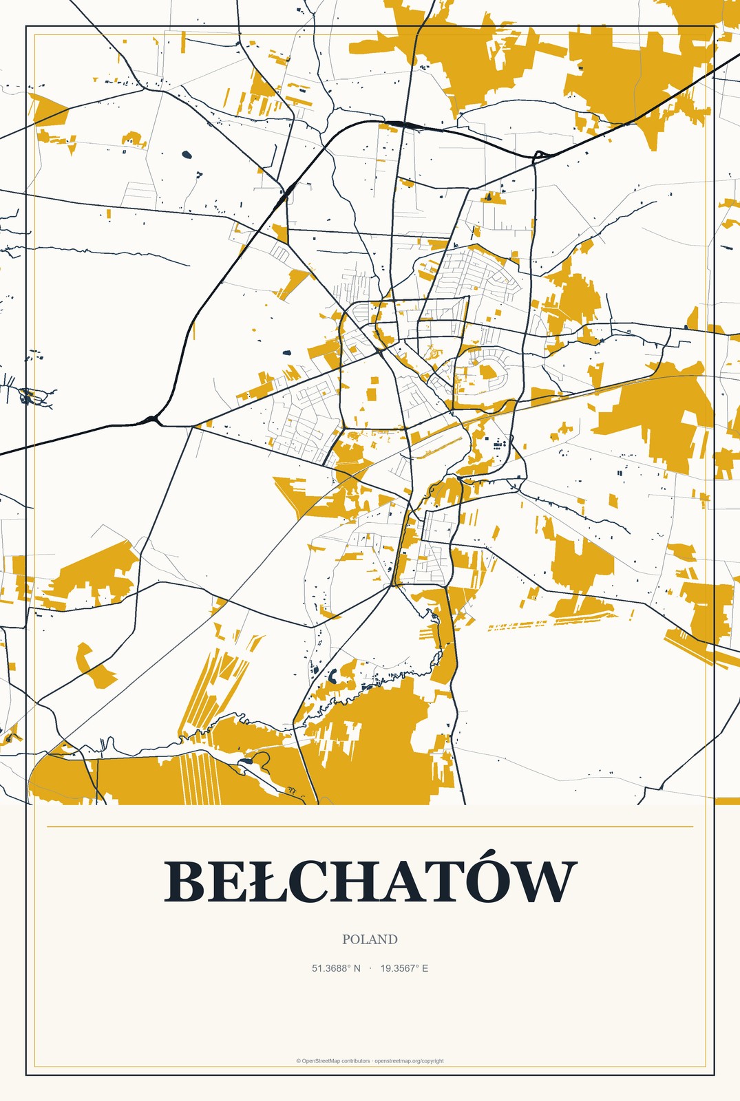 Bełchatów, Poland City Map Aluminum Sign in Citrine Modern style