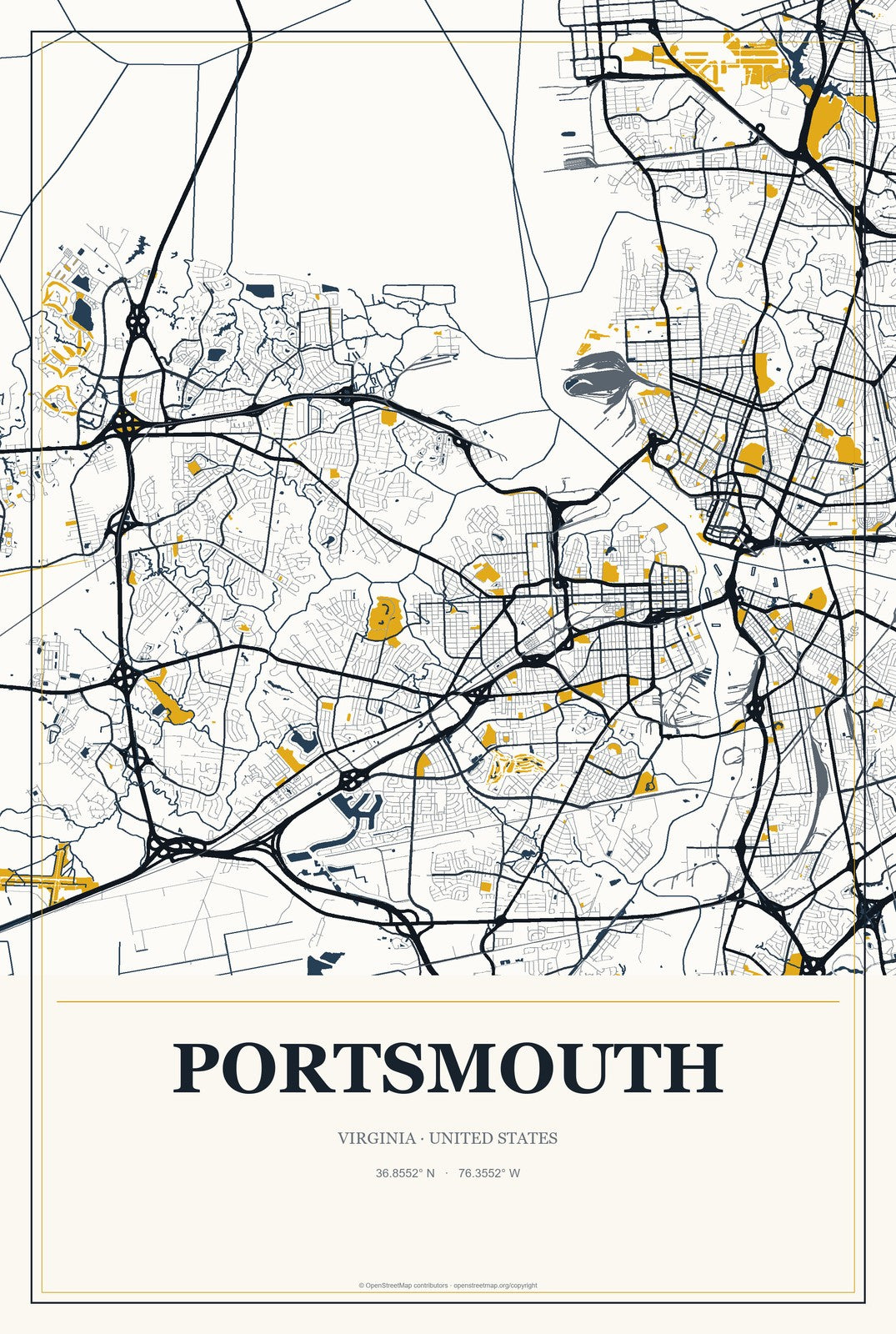 Portsmouth, Virginia City Map Aluminum Sign in Citrine Modern style