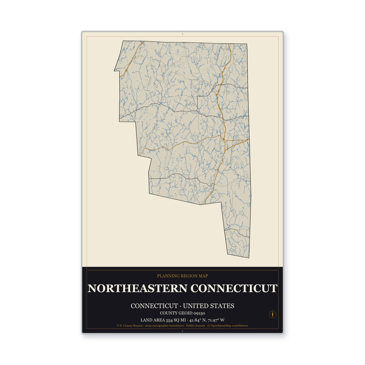 Northeastern Connecticut Planning Region, Connecticut Map Aluminum Sign in Museum Plaque style