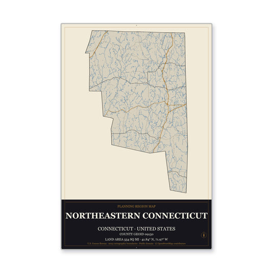 Northeastern Connecticut Planning Region, Connecticut Map Aluminum Sign in Museum Plaque style