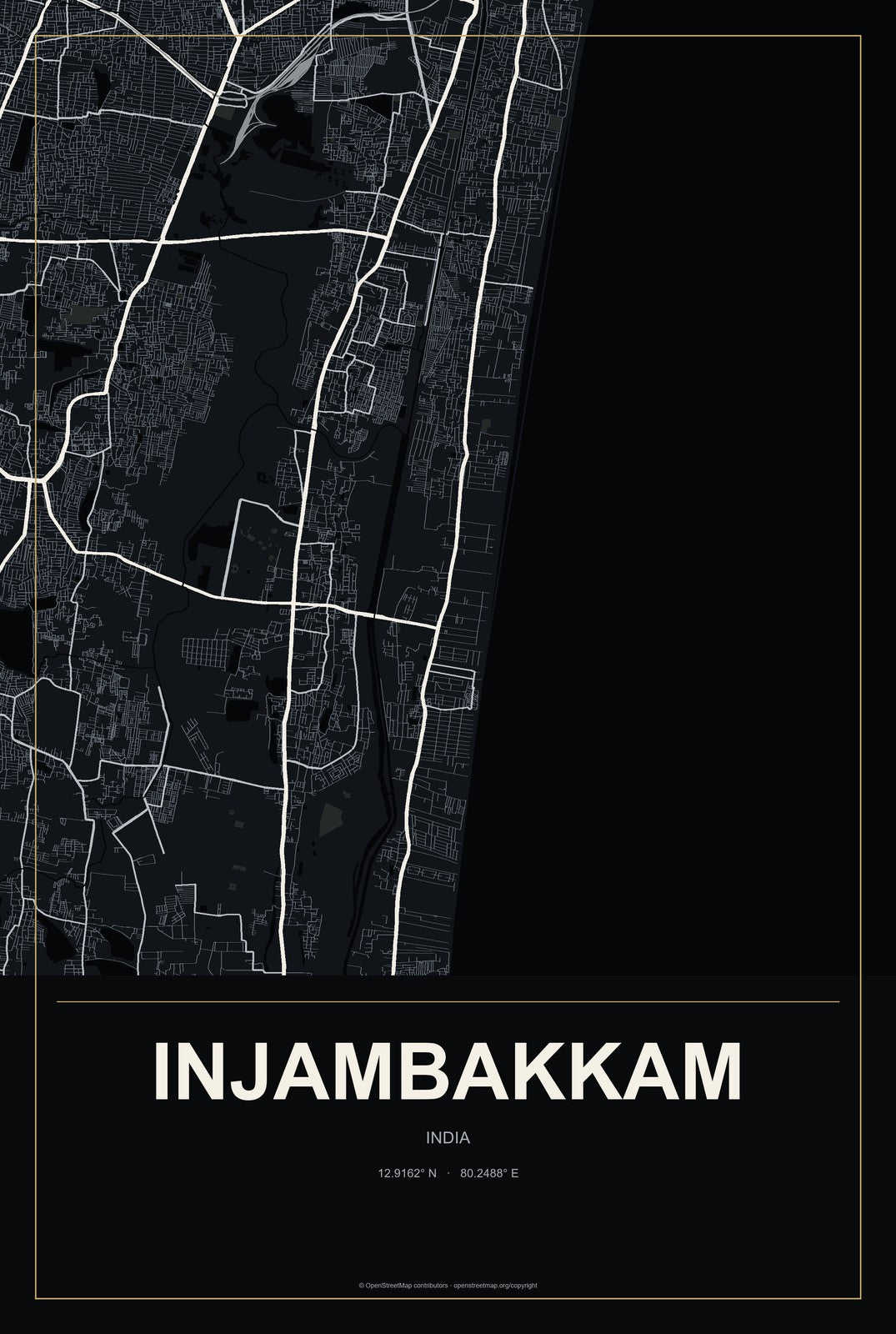 Injambakkam, India City Map Aluminum Sign in Metropolitan Noir style