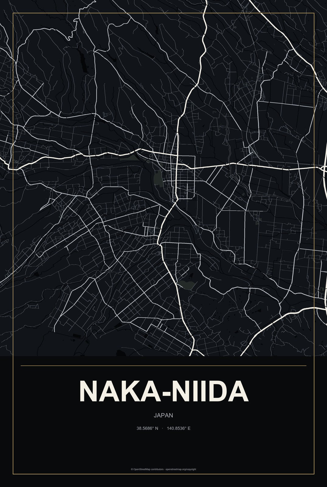 Naka-niida, Japan City Map Aluminum Sign in Metropolitan Noir style