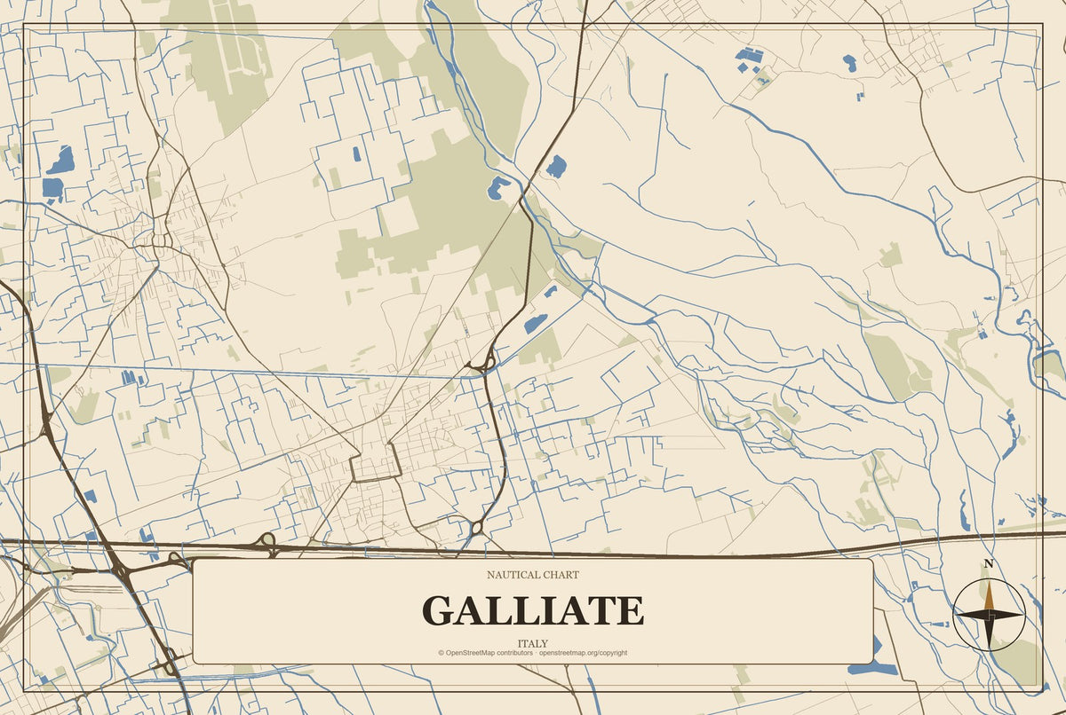 Galliate, Italy City Map Aluminum Sign in Heritage Nautical style