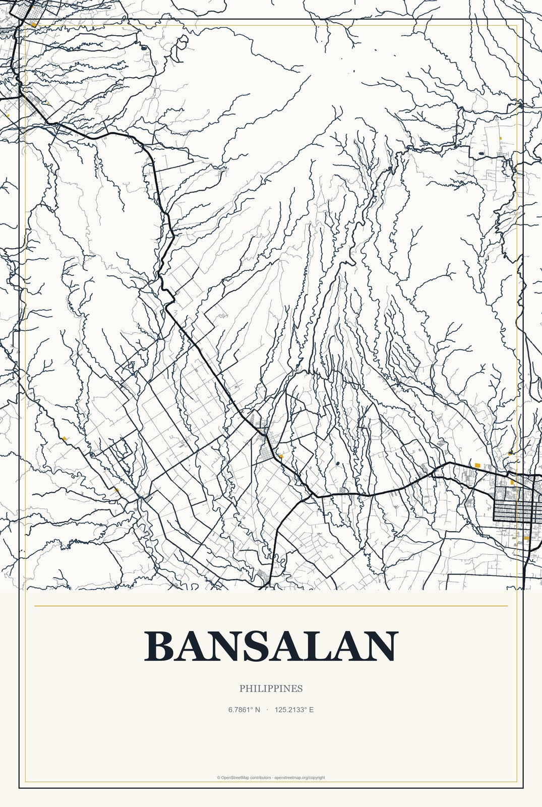Bansalan, Philippines City Map Aluminum Sign in Citrine Modern style